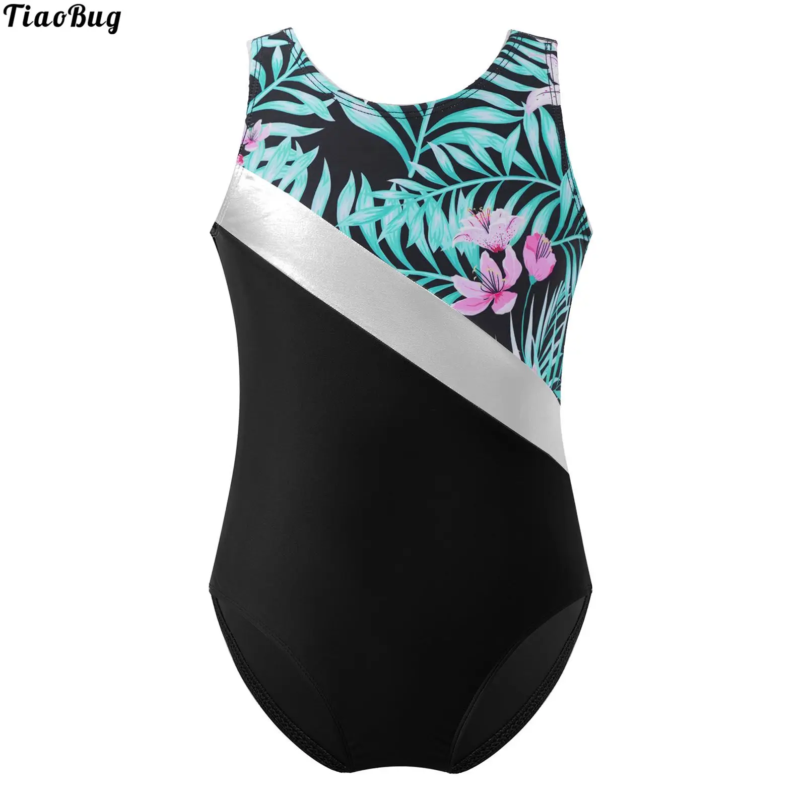 TiaoBug Kids Girls One-Piece Swimming Round Neck Sleeveless Patchwork Design Print Jumpsuit Bodysuit Dance Gymnastics Leotard