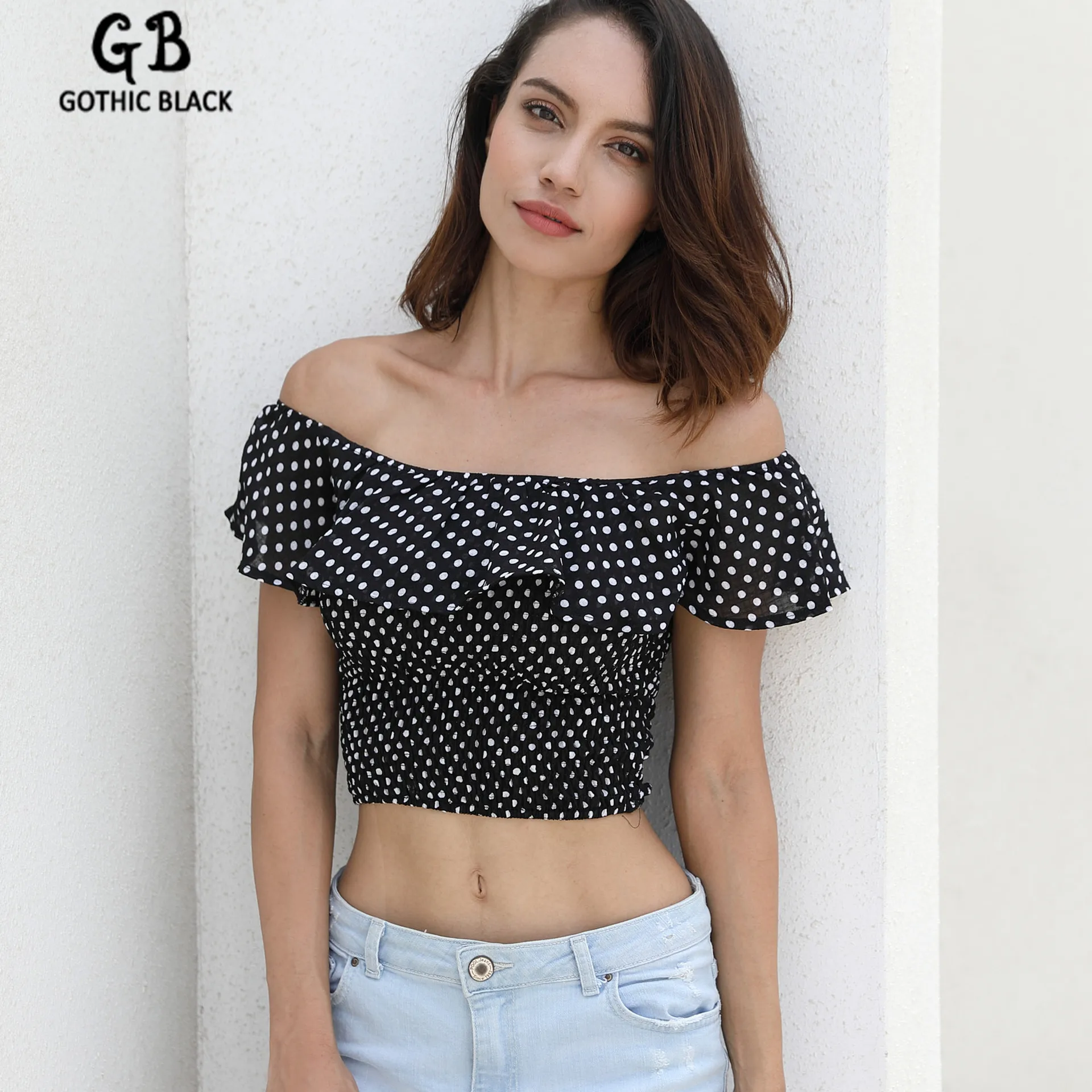 

Gothic Black Sexy Women Slash Neck Ruffles Bodycon Polka Dot Short T-shirt 2020 Goth Female Leisure Streetwear Slim Crop Tops