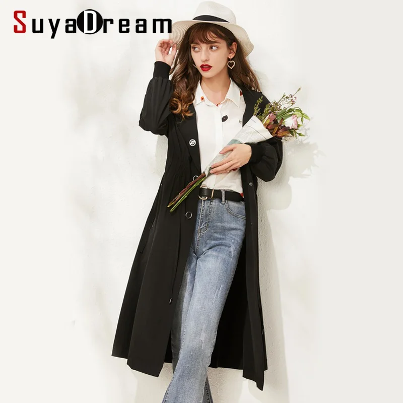 SuyaDream черного цвета с капюшоном Для женщин длинное пальто поясом талией