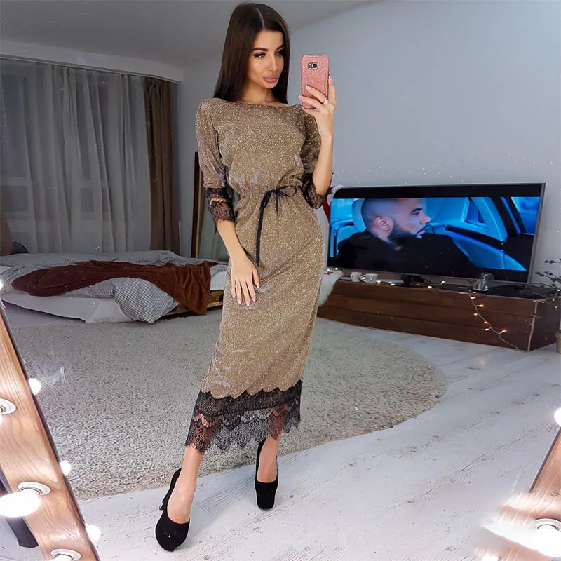 

Women Bandage Casual Lace Patchwork Party Dress Ladies Half Sleeve O Neck Elegant 2020 New Fashion Spring Midi Dress Vestidos