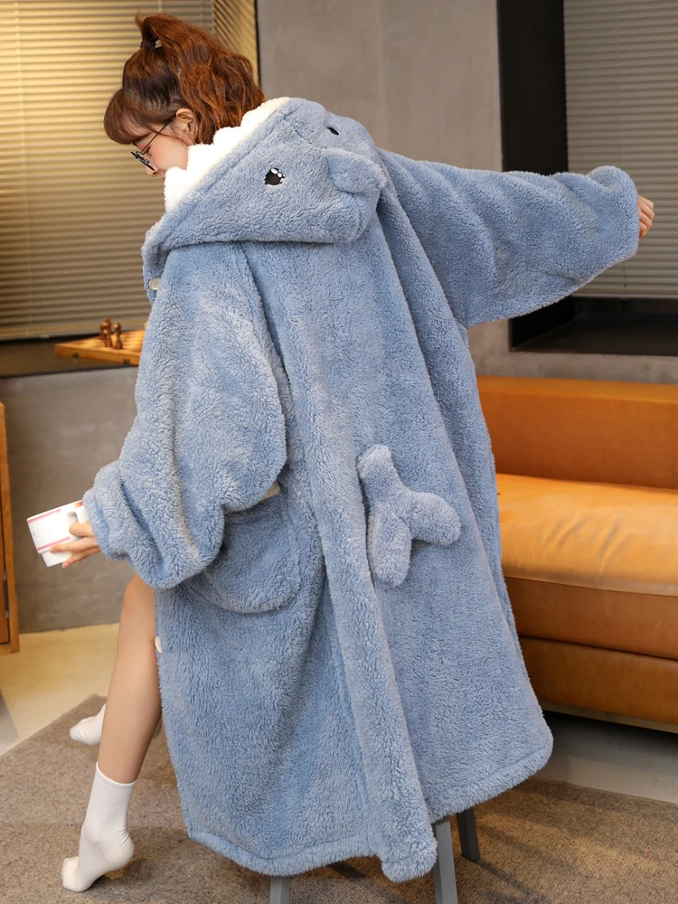 Women's Dressing Gown Fleece Hooded Bathrobe Princess Robe Fluffy Warm Sherpa Shaggy Kimono Shark Winter Woman Coats For Home