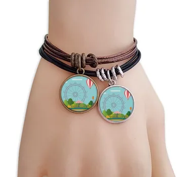 

Ferris Wheel Balloon Amusement Park Bracelet Double Leather Rope Wristband Couple Set