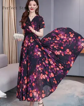 

2020 Summer New Arrival High Quality Bohemian Style V CollarFlower Printed Short Sleeve Women Long Chiffon Dress