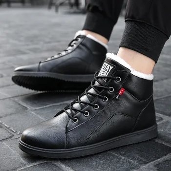 

winter shoes men fashion fur lined shoelaces boots men all black cotton-padded shoes anti slip leather vamper easy matching warm