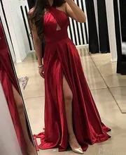 

Red Halter Neck Satin Long Evening Party Dress Dubai High Slit Sexy Backless Prom Formal Gown Robe De Soiree Vestidos