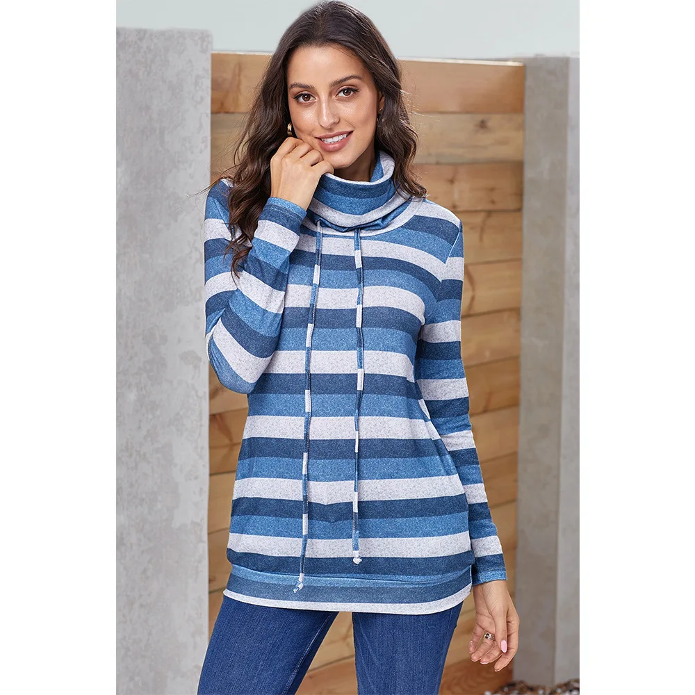 2020 New Style Female Blusas Casual Autumn Plus Size Cowl Neck Vibrant Multicolor Striped Long Sleeve Sweatshirt | Женская одежда