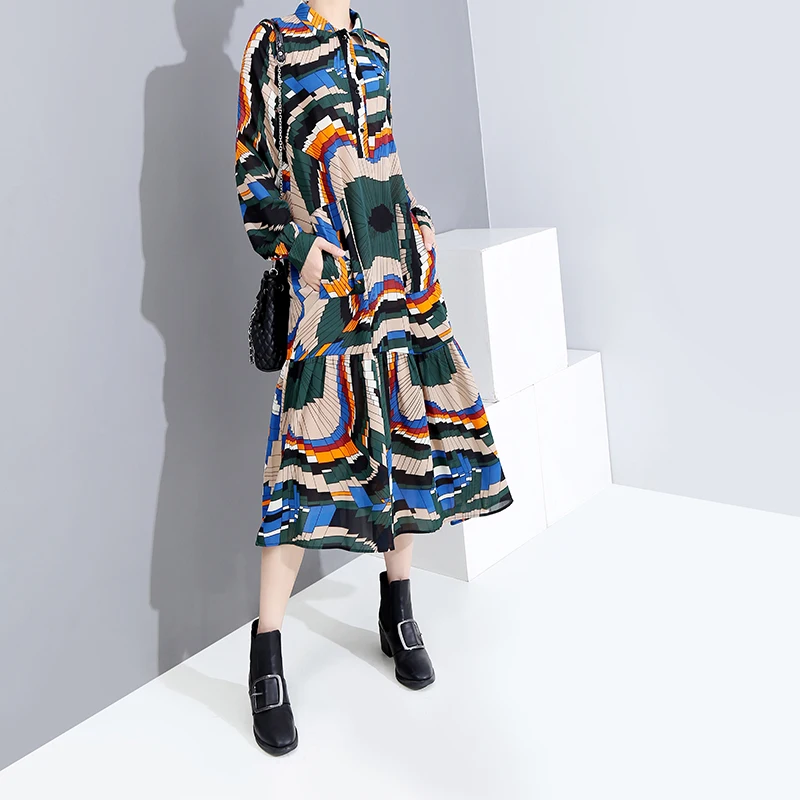 Корейский стиль, женское осеннее разноцветное длинное платье-рубашка с длинным рукавом, пояс, геометрический принт, женское элегантное платье для вечеринки 5610