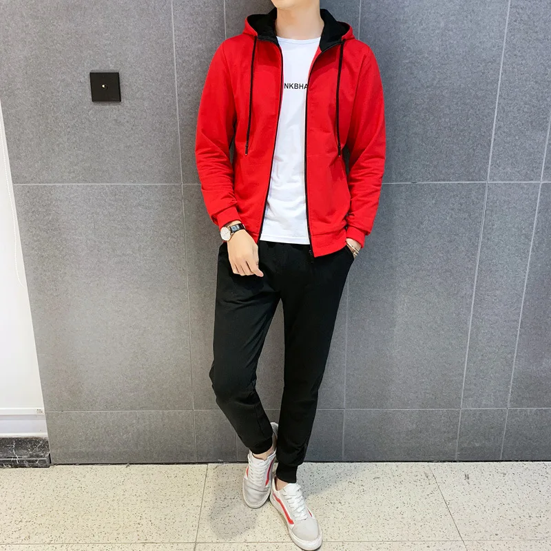 

2019 Autumn Men Korean-style Mixed Colors Hoodie Sweatpants Trousers Leisure Suit Hooded Sports Clothing Two-Piece Set Youth