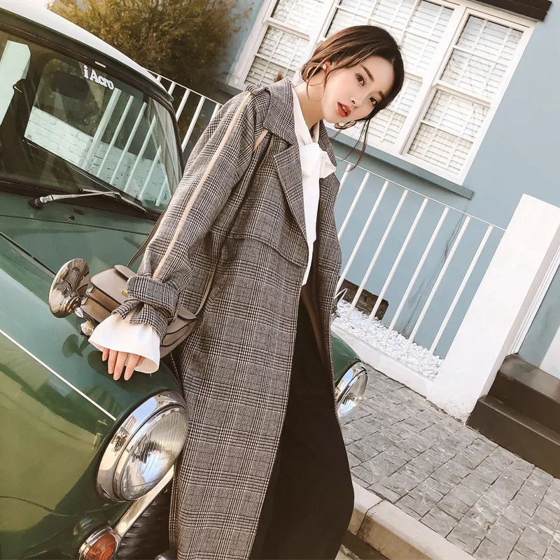 

2019 New Style Spring Long Sleeve Mid-length Straight-Cut Pocket Bow Convention Lace-up Suit Collar Plaid Trench Coat