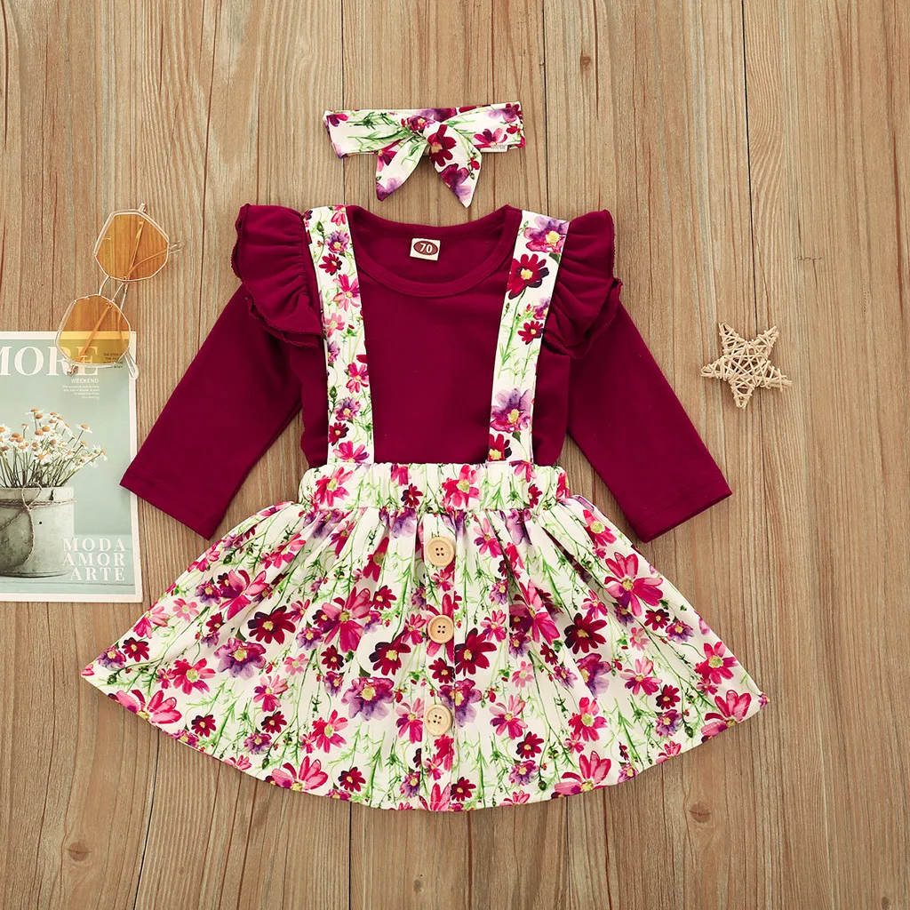 Newborn Baby Girl Floral Dress Clothes Ruffle Romper Tops Skirt Outfits 3Pcs Set 