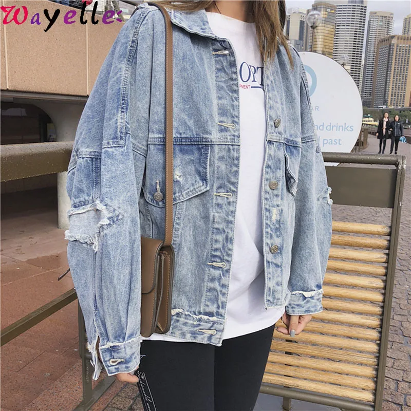 

Loose Jeans Jacket Women 2019 Autumn Winter Women's Denim Jacket Turn-down Collar Hole High Street Korean Jeans Jacket Outerwear