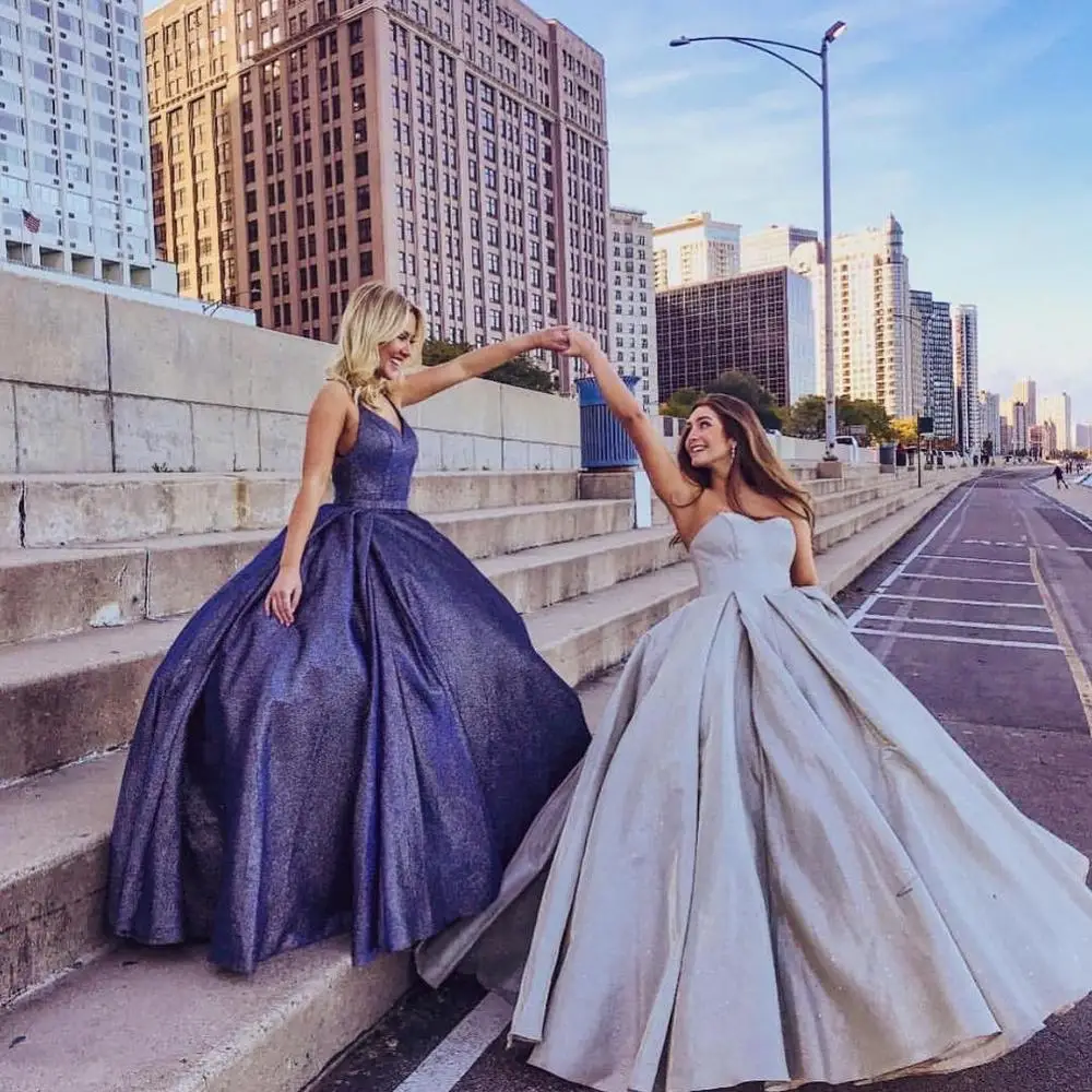 Vestidos De Gala Ball Gown Sequins Prom Dresses Long with Pockets Formal Dresses Backless Robe De Soiree