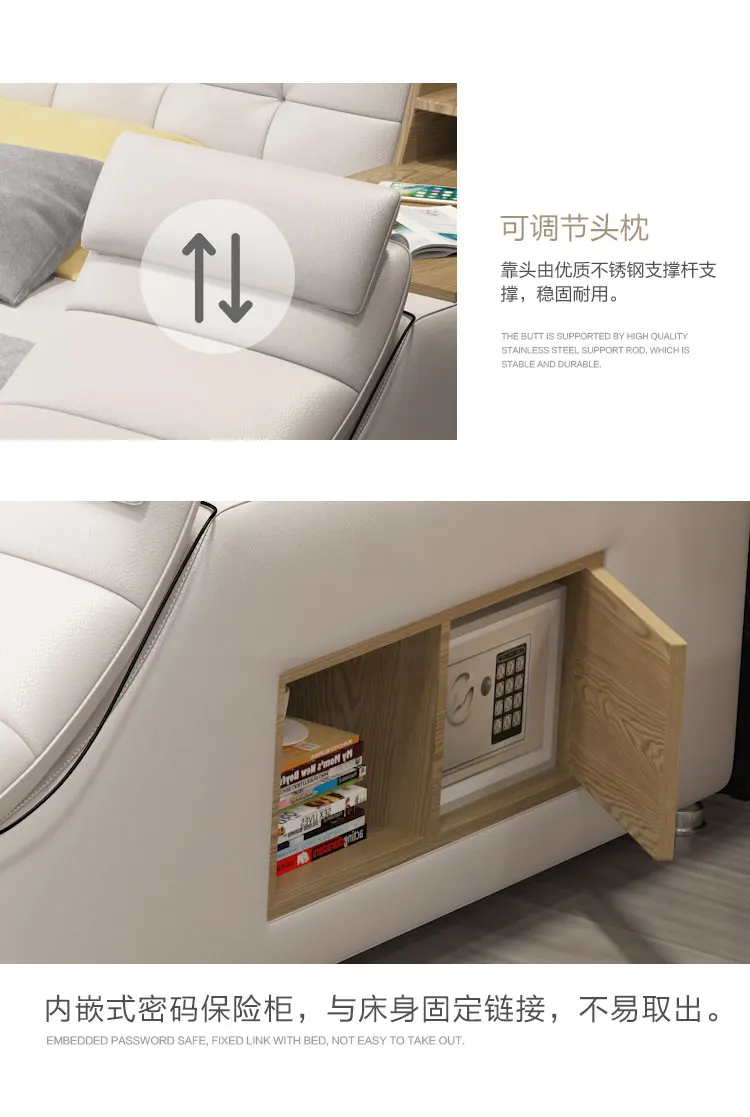 US $1.343.00 Genuine leather bed frame Soft Beds massager storage safe speaker LED light Bedroom cama iphone recharging bluetooth safe USB