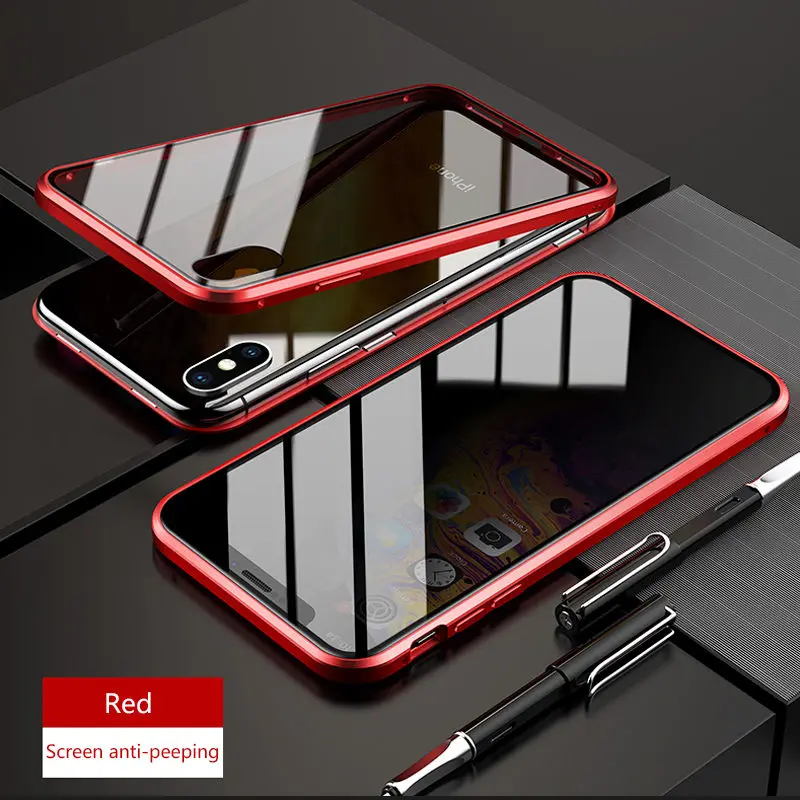 Красный Чехол из закаленного стекла с магнитом на заднюю панель для IPhone X, XR, XS, max, задняя крышка для девочек с открытым экраном, металлический каркас, полностью защитный чехол - Цвет: Красный