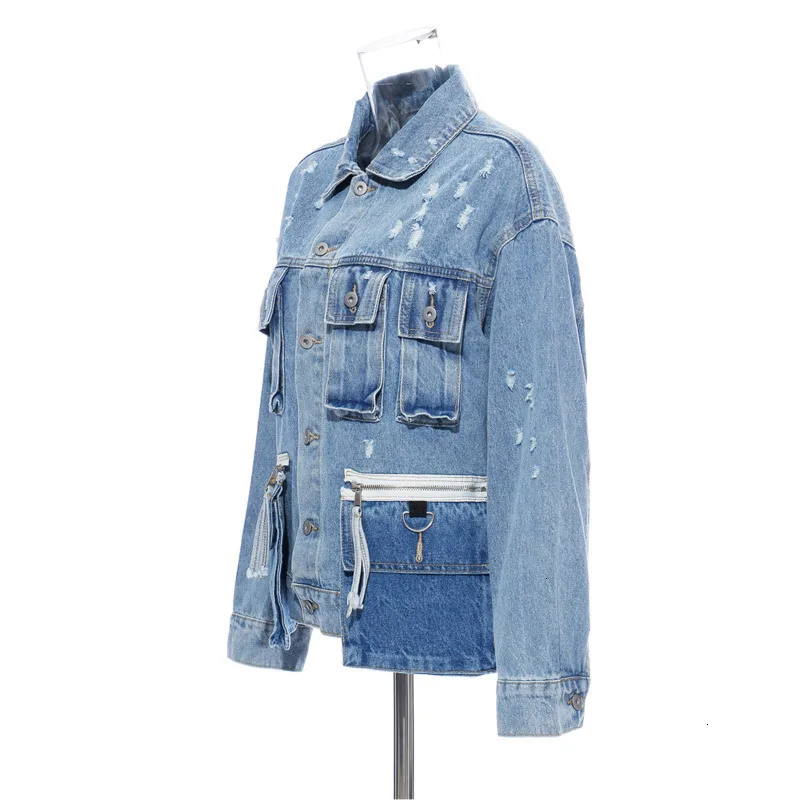 Новая коллекция зимней одежды отложной воротник Длинные рукава синего джинсового цвета сломанной Винтаж застежек-молний Однобортный Блейзер F737
