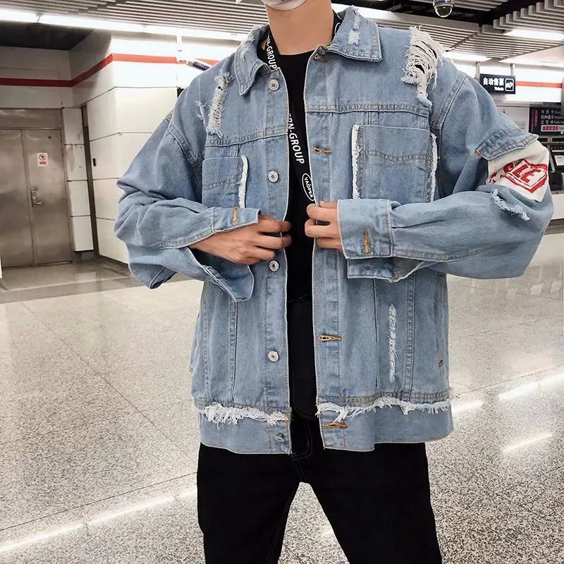 Seller Zogaa Men's Denim Jacket Spring Autumn Cool Streetwear Hole Jacket Cowboy Jean Coats Casual Loose Solid Letter Outwear Boy Zone