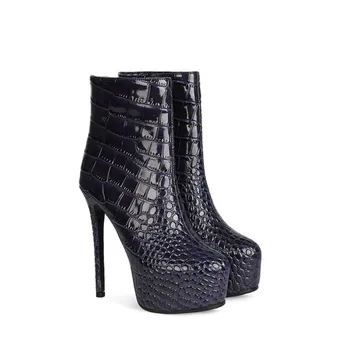

US4-11 Womens Round Toe Crocodile Pattern Platform Ankle Boots Stilettos Super High 15.5CM Heel Warm Winter Shoes Plus Size