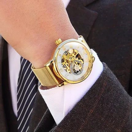 steel gold white Новые модные повседневные дизайнерские золотые часы Скелетон мужские часы лучший бренд класса люкс Montre Homme автоматические механические часы - Цвет: steel gold white