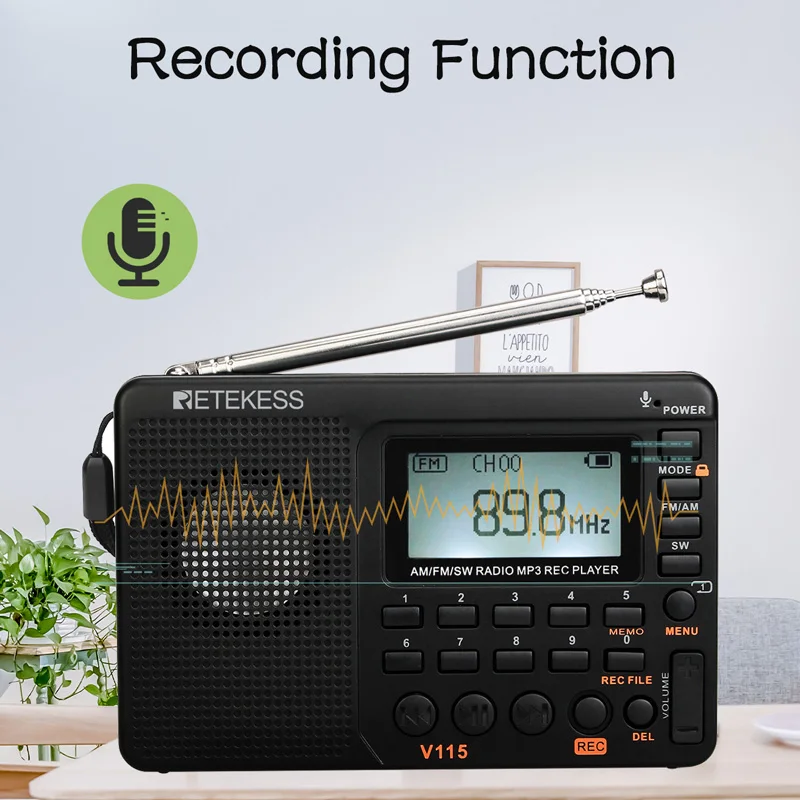 2 шт. радиоприемник Retekess V115 FM/AM/SW басовый звук MP3 плеер диктофон с таймером сна
