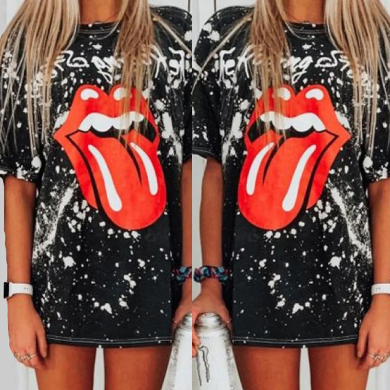 

Summer New Women's Loose Round Neck Short Sleeve Printed T-shirt Top Polka Dot Polyester Big Lip Printing Large Size T-shirt