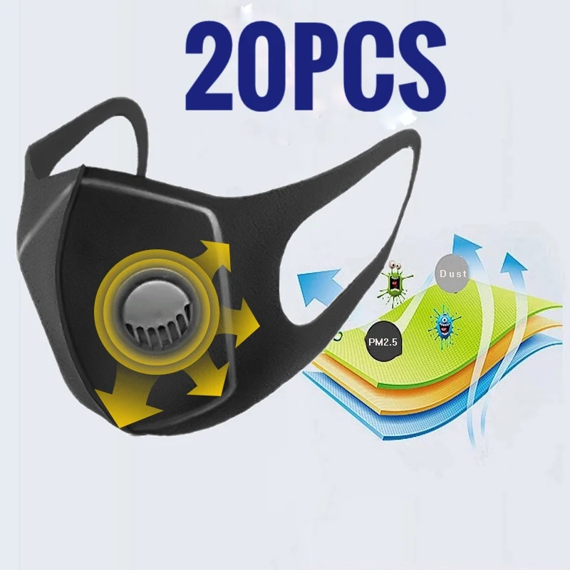 

20PCS Dust Mask Filter Anti PM2.5 Air Pollution Valve Mouth Face Mask Anti Dust Carbon Insert Washed Reusable Masks Men Women