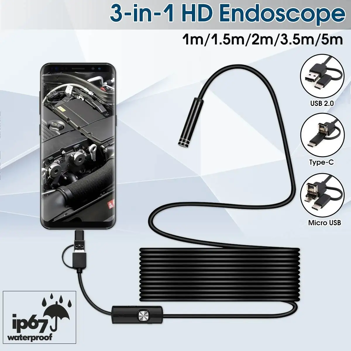 7 мм эндоскопа USB/Тип-C/Micro USB 3-в-1 Endorscope Камера гибкий IP67 ...