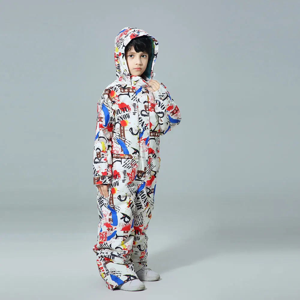 

2020 Winter kids sport set Ski suit For Children print Flower Hooded Boys Down Suit snowboard jackets + Pants One piece Clothes