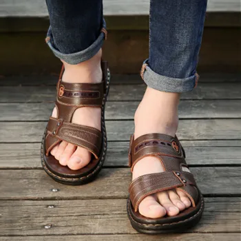 

Sandals men's leather summer new men's casual breathable beach shoes first layer cowhide slippers thick bottom slippers Мужские