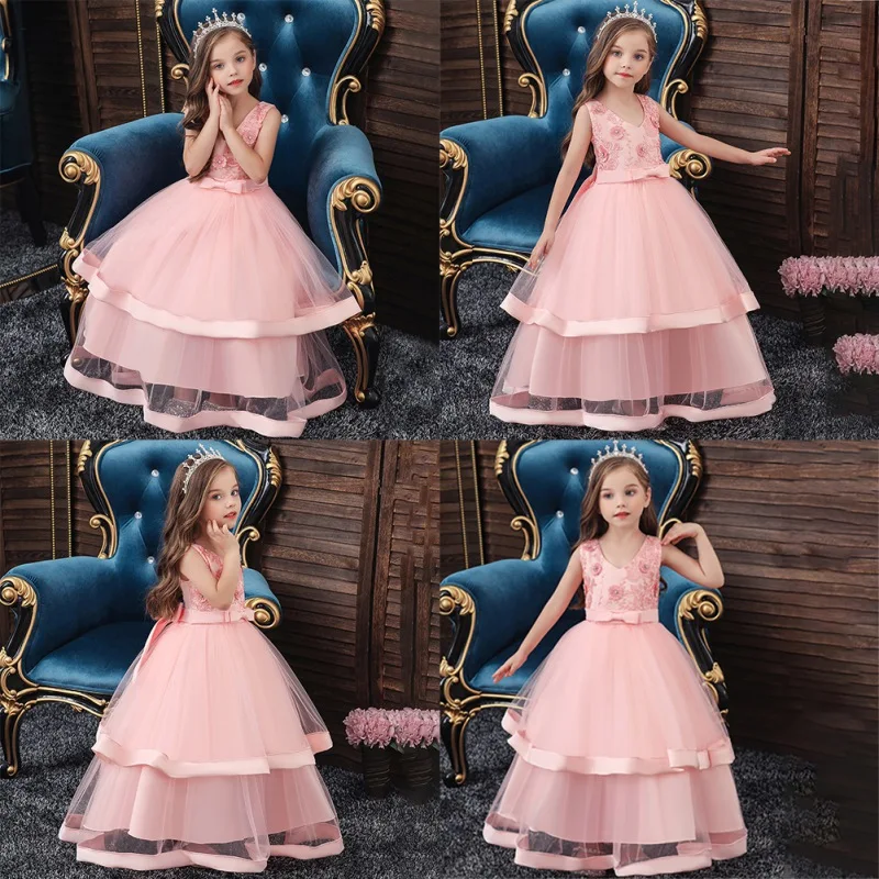 Детские вечерние платья без рукавов с цветочной вышивкой для девочек на свадьбу, Детские нарядные платья, торжественные платья принцессы