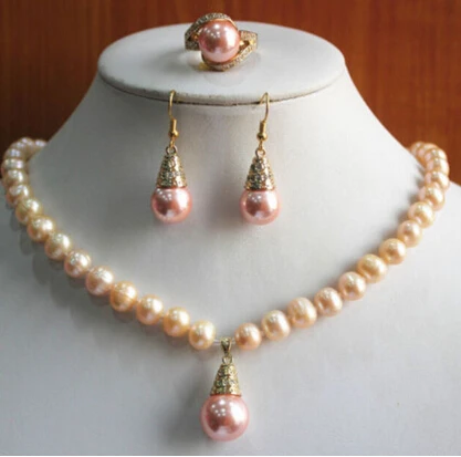 +++901 Charming Women'S 7-8mm pearl and 12mm Pink Shell Pearl Necklace Earring Ring(7/8/9) Jewelry Set | Украшения и