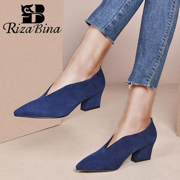 

RIZABINA Square Heel Women Pumps Real Leather Pointed Toe Solid Color Shoes Women Office Lady Work Female Footwear Size 33-42