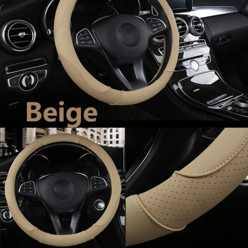 Beige Спортивный стиль контрастный цвет нескользящий пот хороший дышащий PU кожзам 15 дюймов Чехол рулевого колеса автомобиля протектор - Название цвета: Beige