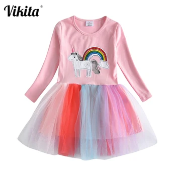 

VIKITA Girls Dress Rainbow Unicorn Girls Princess Dress Children Embroidery Cartoon Dresse Kids Licorne Dresses for Girl