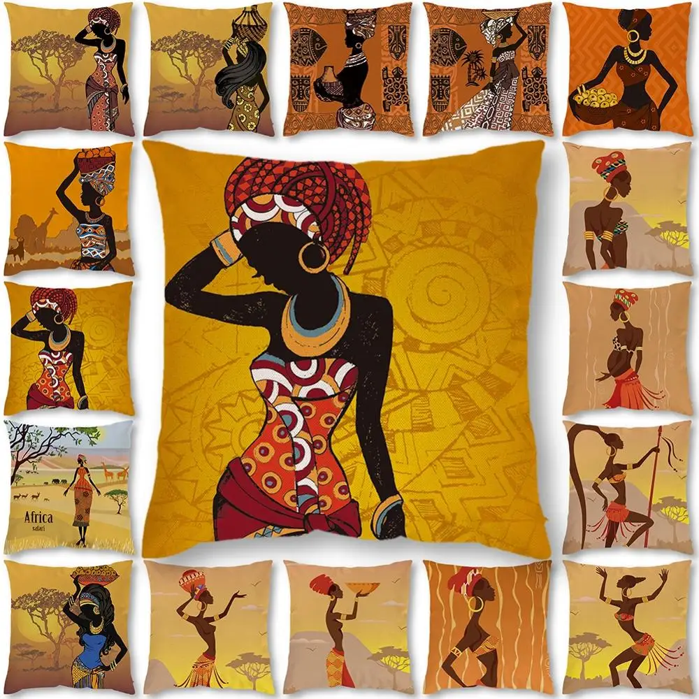 

18" Africa Woman Cotton Linen Pillow Case Sofa Waist Throw Cushion Cover for Home Sofa Chair Decorative