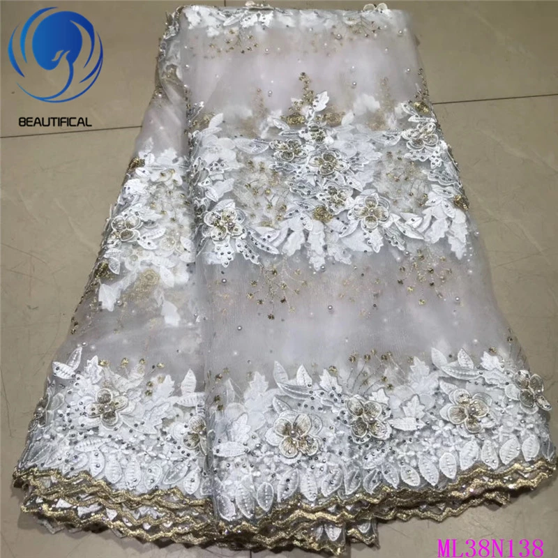 

BEAUTIFICAL Tulle Lace Fabric African Rhinestones and Beads French Net Lace Embroidery Fabric for Nigeria Wedding Lace ML38N138