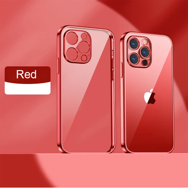 Luxury Plating Transparent Soft Silicone Case for iPhone 13 11 12 Pro Max Mini XR X XS SE 2020 8 7 Plus Shockproof Clear Cover Red