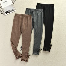 Ретро вязаный крючком женский кружевной топ трикотажные леггинсы на шнуровке с бантом Высокая Талия Хлопок стандартные леггинсы милый в стиле Mori Girl; леггинсы с эластичной резинкой на талии