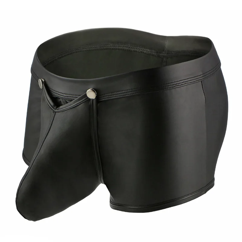 Men Boxer Shorts Gay Big Penis Bag Underwear Sexy Low Waist Patent Leather Buttons Erotic Boxer Cueca U Convex Underpants Shorts 3