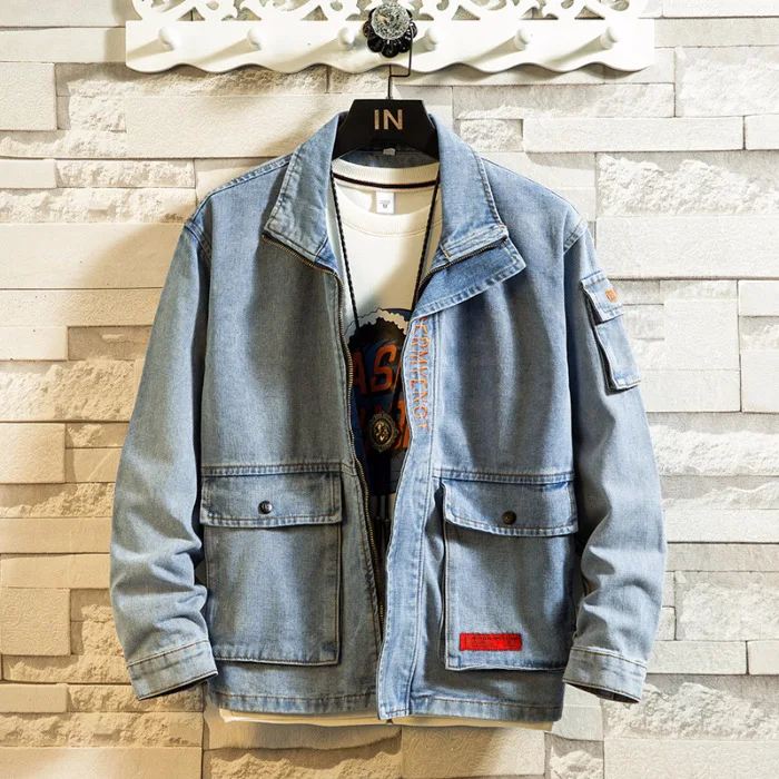 

Men Loose-Fit Denim Jacket 2019 Autumn Japanese-style Popular Brand High Collar-Style Large Pocket Workwear Jacket Men's
