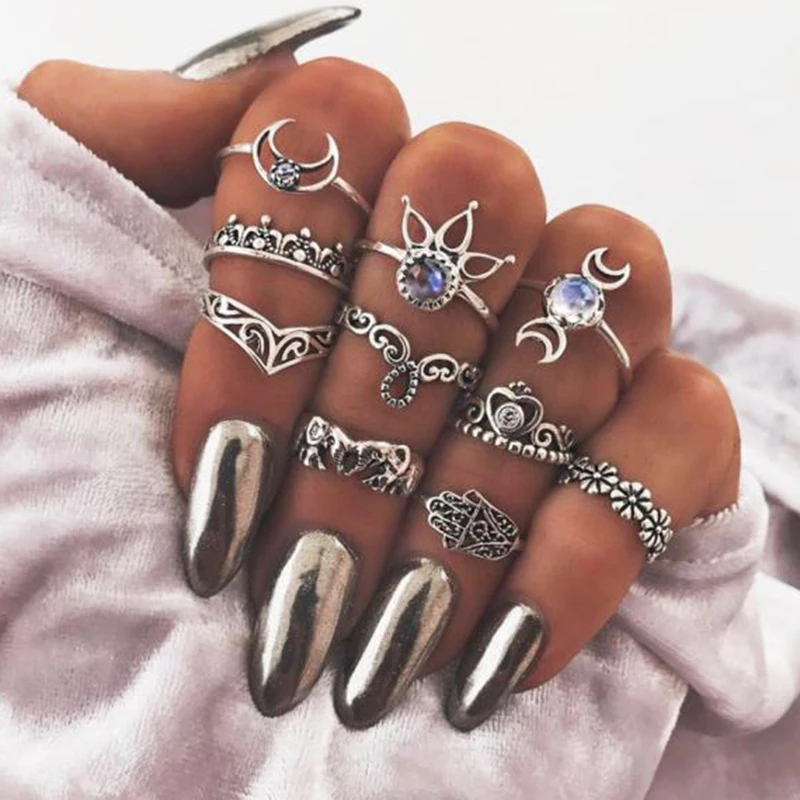 

Jewdy boho rings silver color lotus elephant flower midi rings set Knuckle jewelry 10pcs/lot leaf Flower Gypsy Ring Set