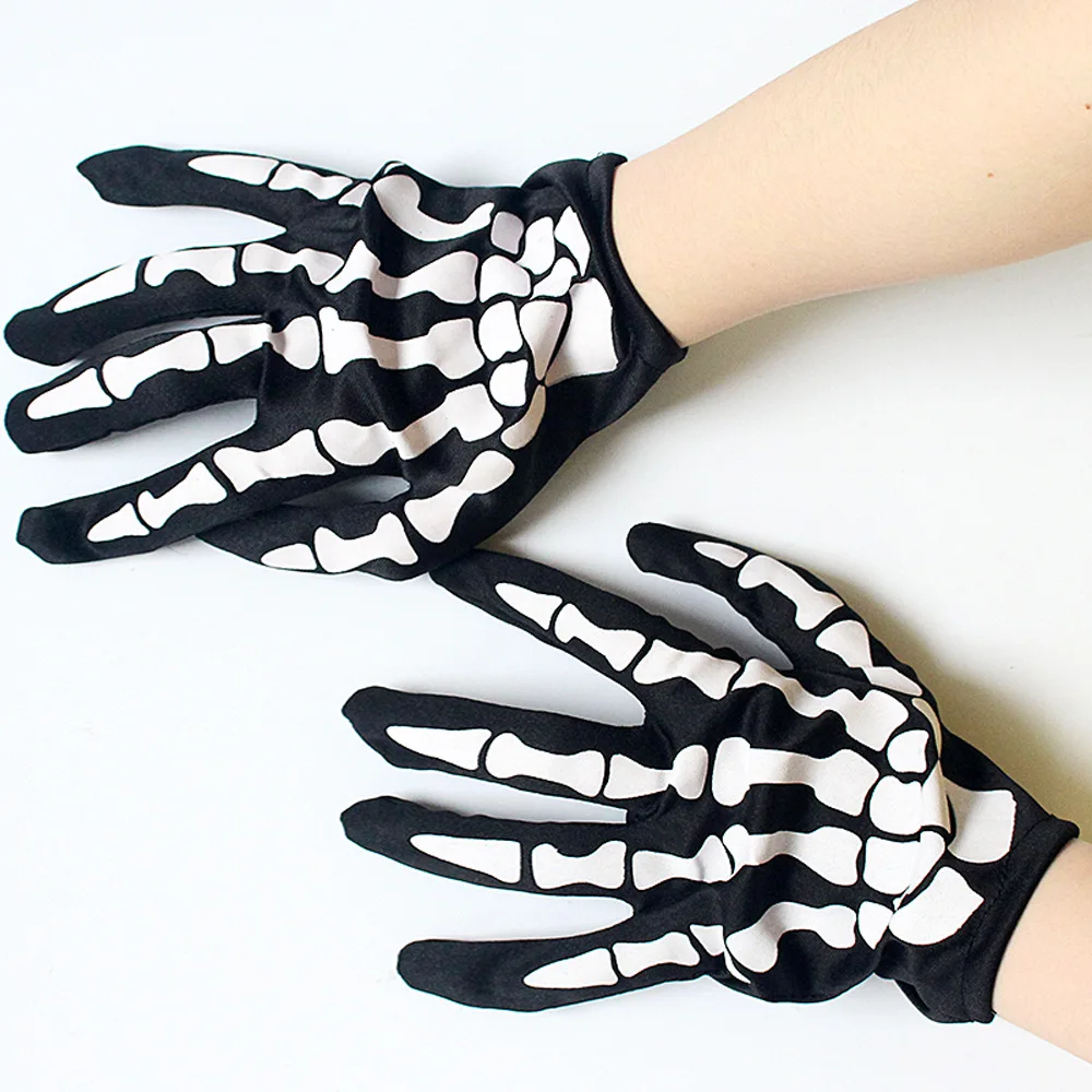 Black Cool Halloween Women Wrist Length Glove 2020 Novelty Nylon Skeleton Print Scare Props Gloves Hipster Street Goth Acessory