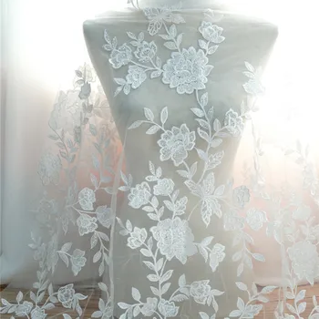 

New arrival embroidered flowers lace fabric with sequins shiny bridal dress lace fabric wedding gown dress fabric 125 cm width