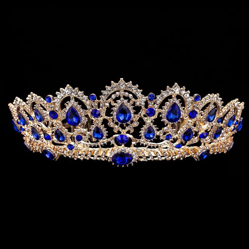 KMVEXO, 3 шт., в стиле барокко, Ретро стиль, золото, Красный Кристалл, Свадебные Ювелирные наборы, стразы, диадемы, корона, ожерелье, серьги, набор, свадебные аксессуары - Окраска металла: 1PCS Crown Blue