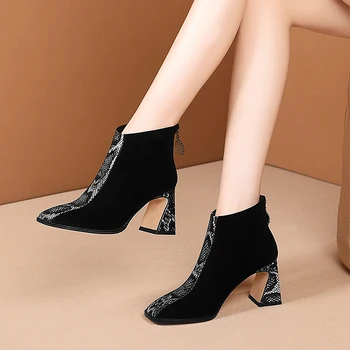 

2020 Women Ankle Boots square Toe High Heels Office Prom Shoes Woman Warm Autumn Winter Chelsea Boot Genuine Leather