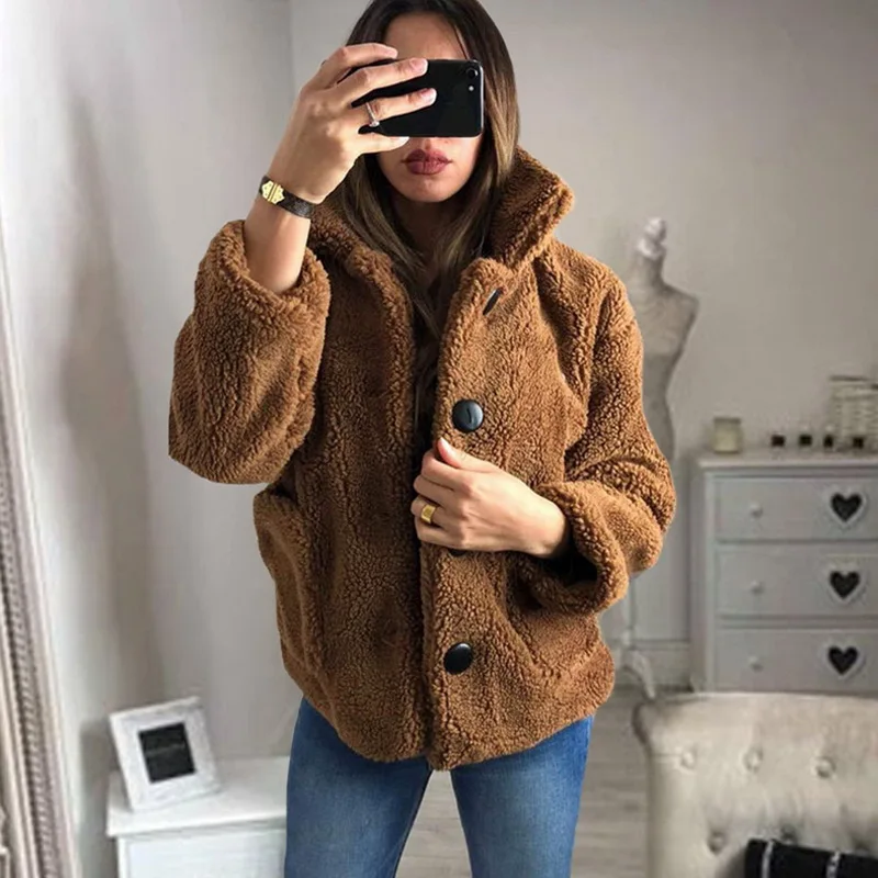 Women's Plush Coat Autumn Winter Women Button Jacket Casual Warm Turndown Collar Fur Outwear Mid-Length Woolen Jackets - Цвет: Camel B