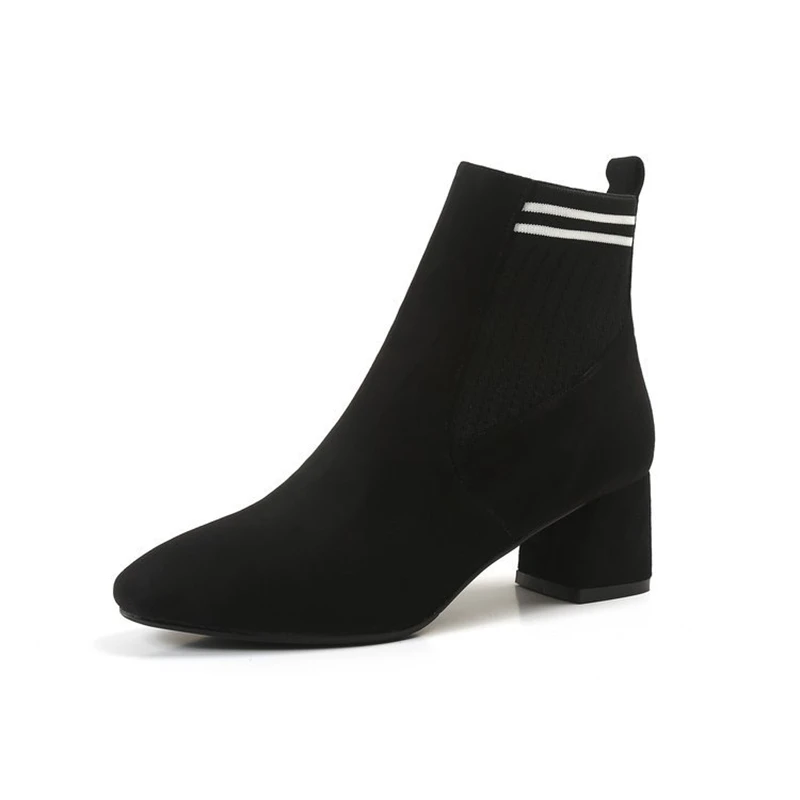 Г. Весенние модные женские Ботинки бежевые эластичные ботильоны с острым носком обувь на толстом каблуке осенне-зимние женские носки - Цвет: Black