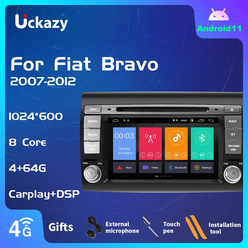 Автомобильный мультимедийный DVD-плеер Uckazy 4 Гб 2 Din Android 11 для Fiat/Bravo 2007 2008 2009 20102011 2012
