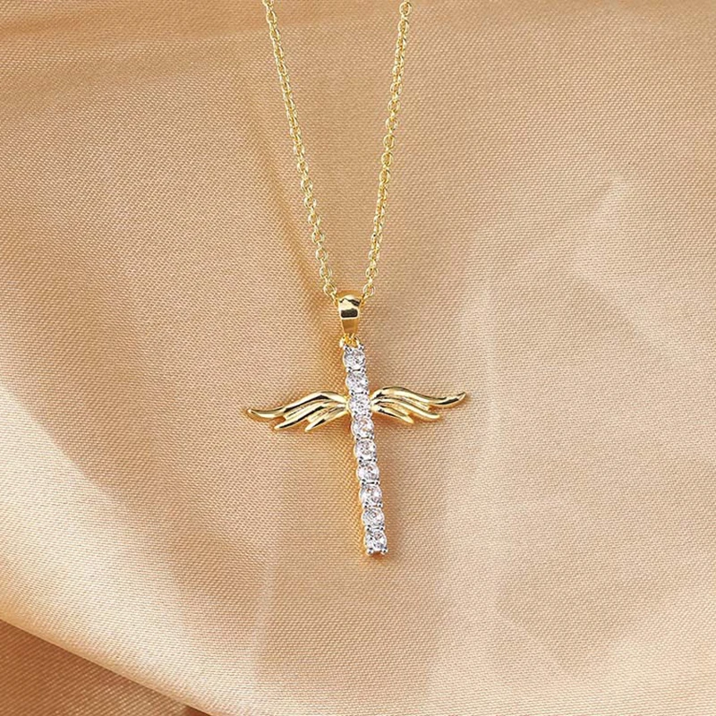 JUWANG Hot Sale Angle Wing Cross Christian Prayer Necklace Unisex Copper Plated Gold Zircon Collares Choker Accessories - Image 5