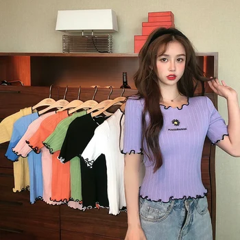 

round collar daisy cropped T-shirt new female students short sleeve knit letters tshirts crop tops for woman summer real photos