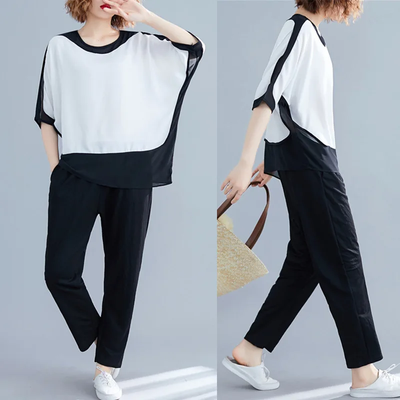 

Loose-Fit Fat Mm Belly Covering Tibetan Meat by Age Contrast Color Joint Large Size Set Two-Piece Women's
